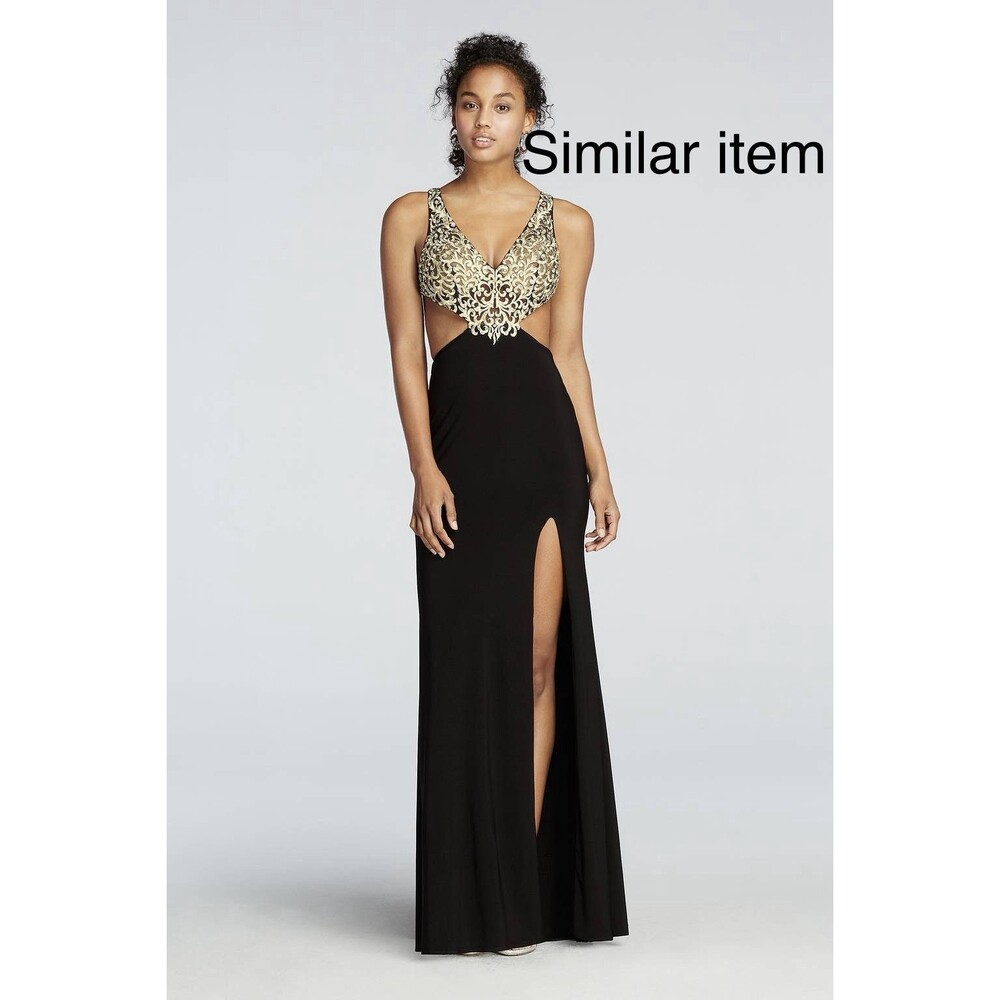 VTG Y2K Cachet Black Column Gown with Gold Embroidered Lace Bodice & Side Slit 4